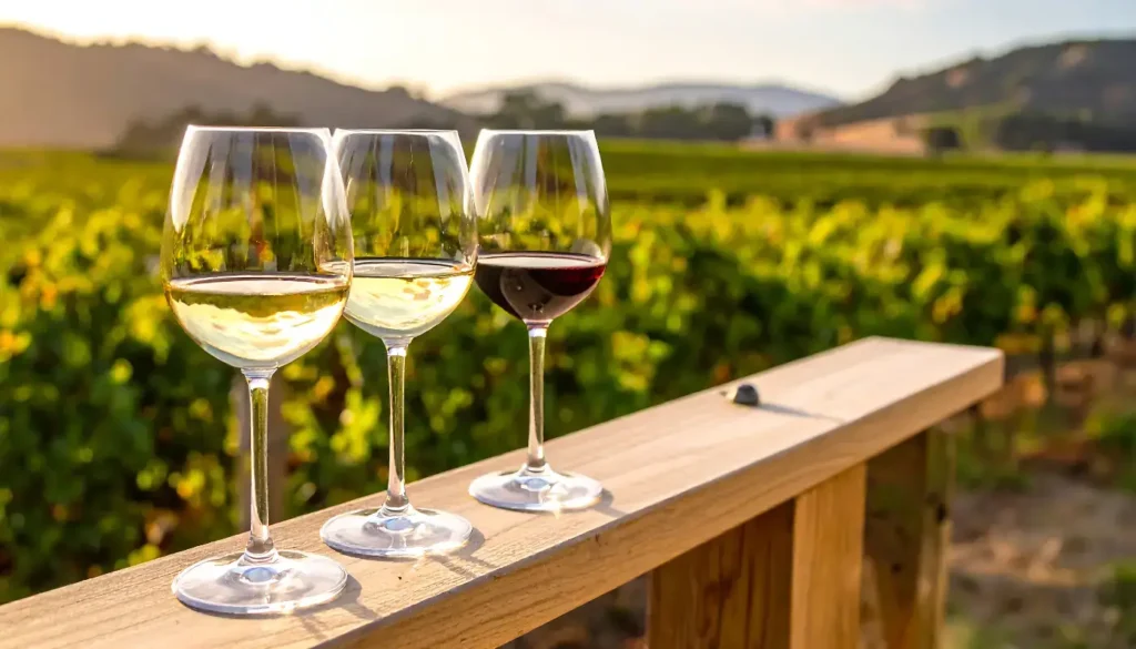 Glasses of wine on a ledge overlooking a vineyard during a vineyard tour