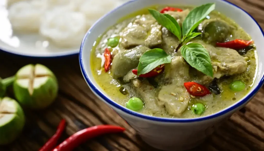 A bowl of Thai green curry with jasmine rice