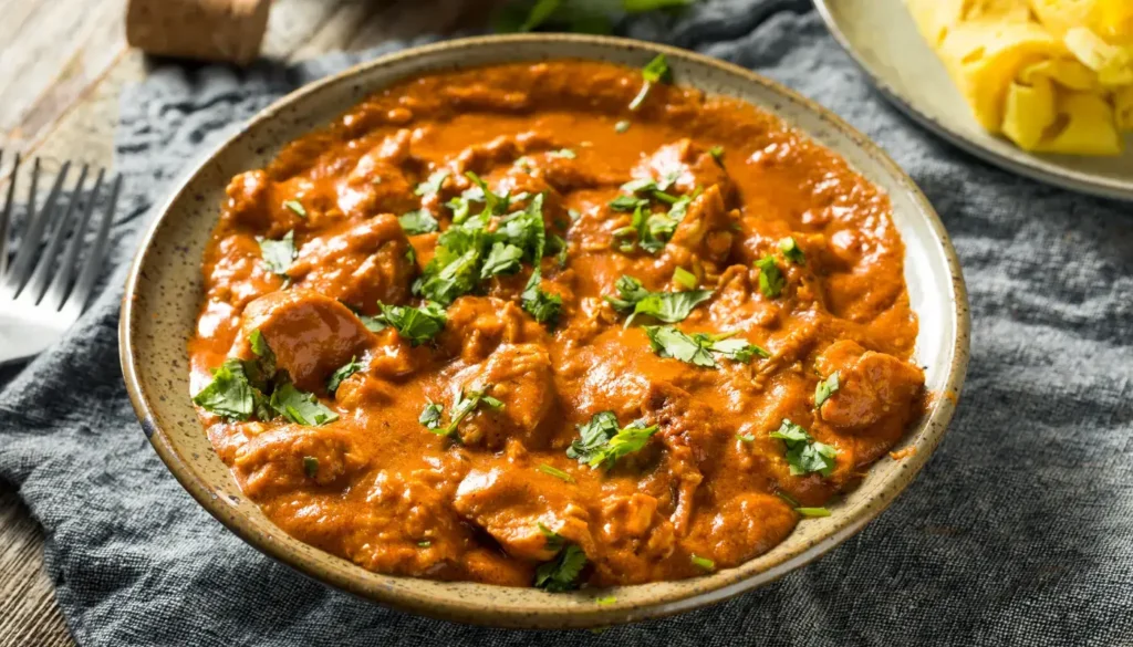 A plate of chicken tikka masala with rice