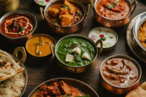 Bowls of Indian curry with rice and naan