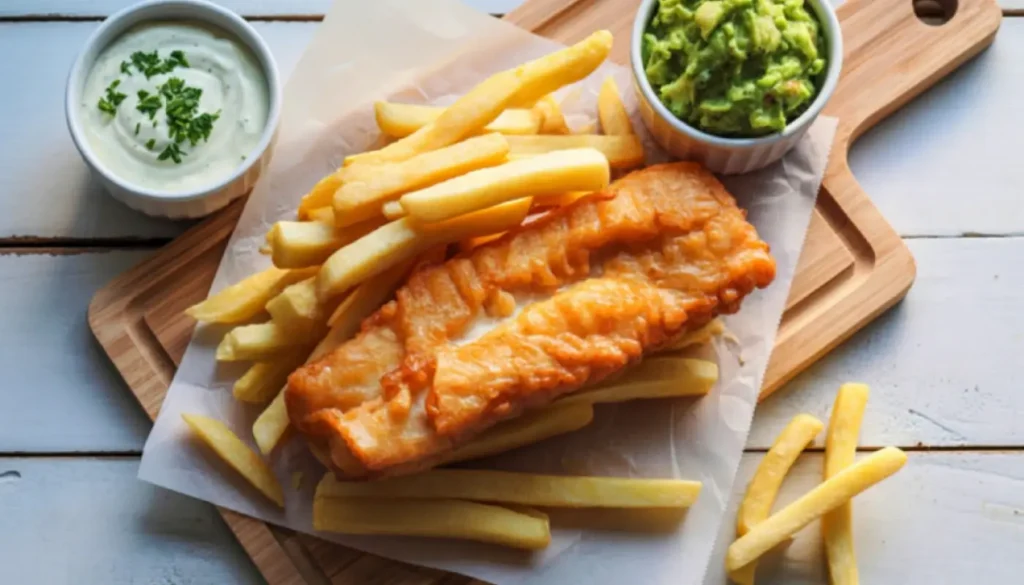 Fish and chips on a wooden board with mushy peas and tartare sauce