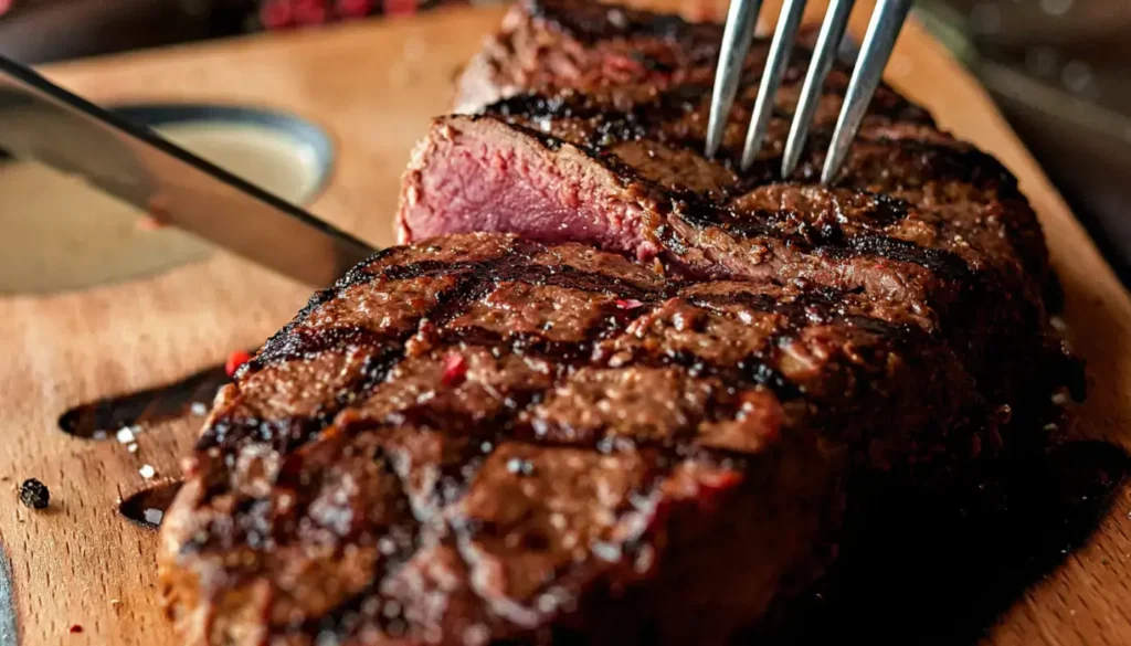 Steak being cut on a wooden board