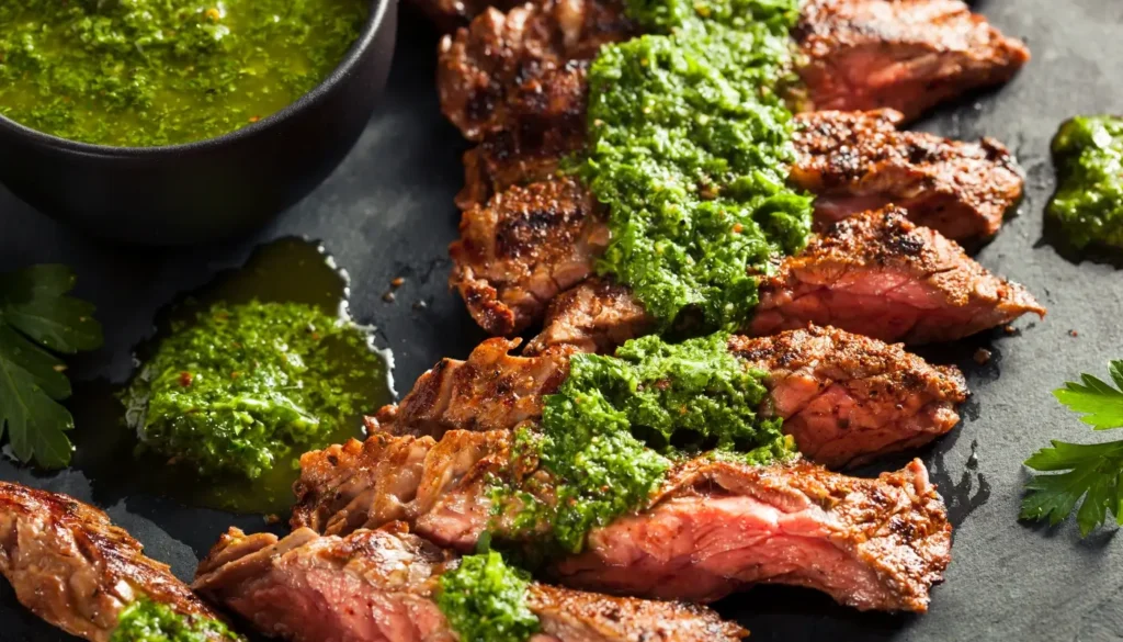 Grilled steak with chimichurri and a glass of red wine
