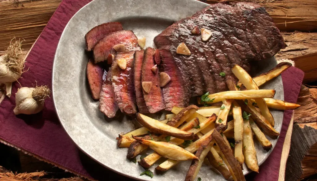 Sliced steak and chips with garlic on a plate