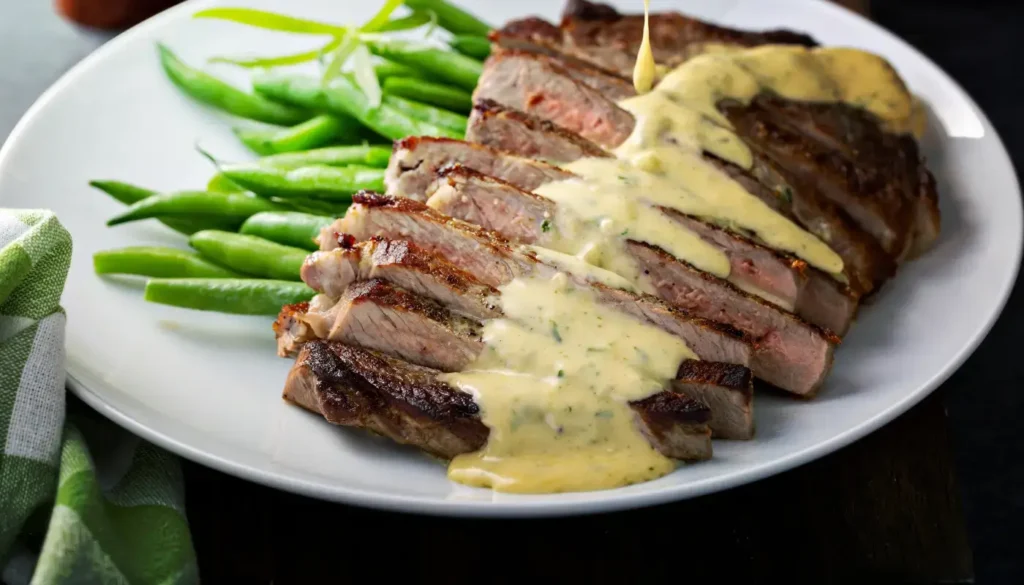 Steak with peppercorn sauce and green beans on a plate