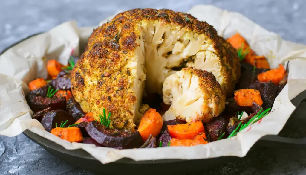 A whole roasted cauliflower on a serving dish with carrots and other vegetables