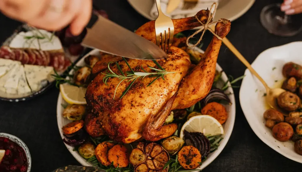 A golden roast chicken with roast potatoes and vegetables