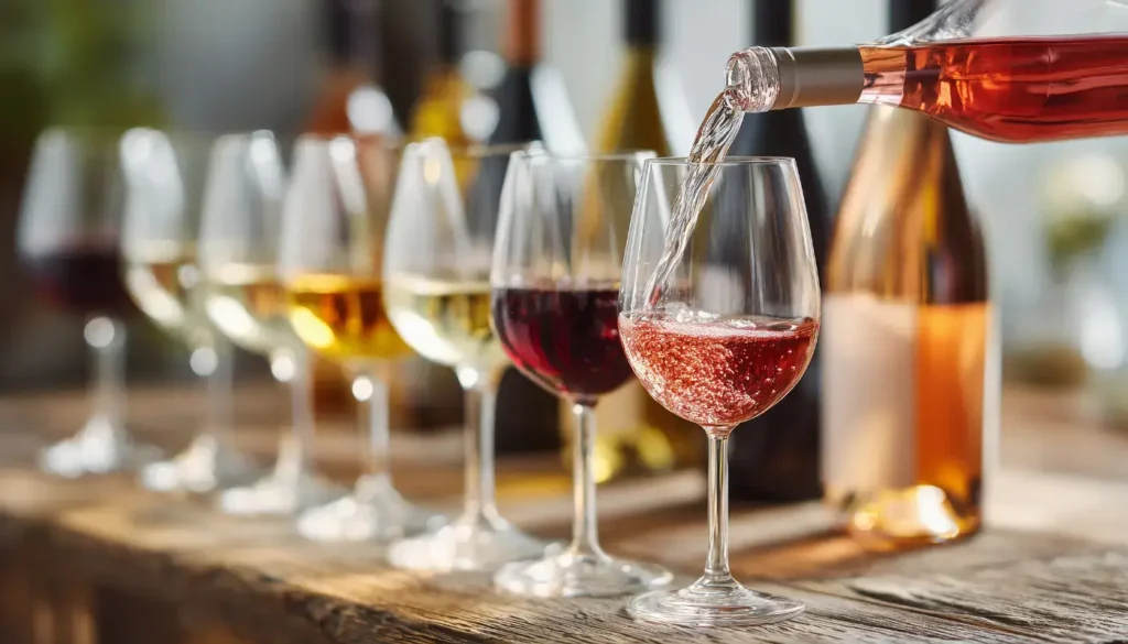 Glasses of red, white and rosé wine side by side
